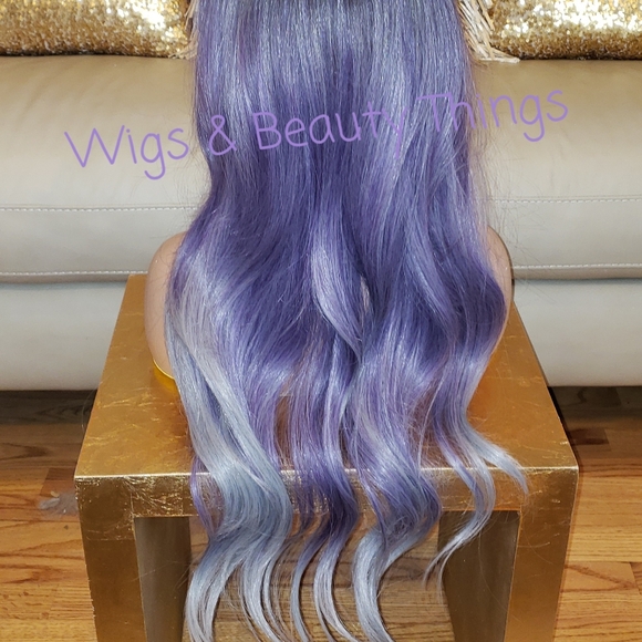 Purple Silver Balayage Wig - Human Hair Blend Heat Resistant - Picture 3 of 4